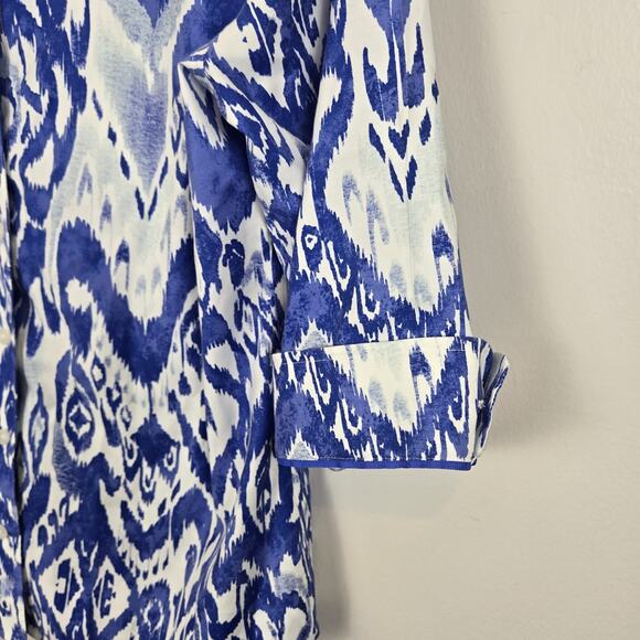 Chicos Blue White Boho Button No Iron Stretch Top Size 0 (4/6) Coastal Batik - Picture 3 of 6